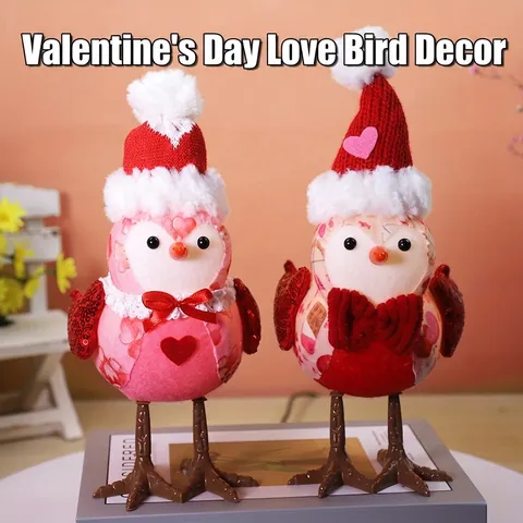 Ornements d'Oiseau de Couple de Saint-Valentin LED Luissants Décoration de Table en Tissu Peluche Motif Cœur Noël