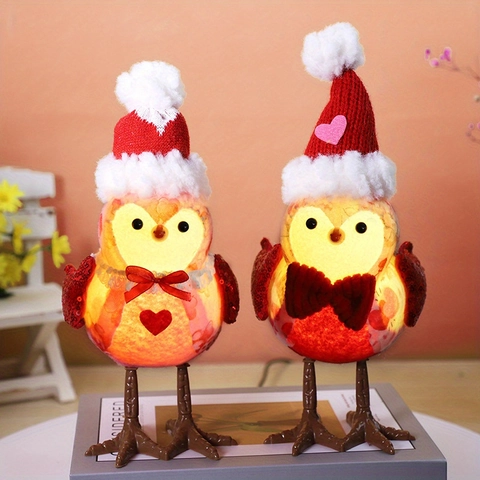 Ornements d'Oiseau de Couple de Saint-Valentin LED Luissants Décoration de Table en Tissu Peluche Motif Cœur Noël