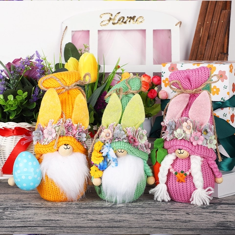 Handmade Knitted Easter Bunny Gnomes Plush Decorations Easter Rudolf Doll With Bunny Ears Carrot For Festive Home Table Decor