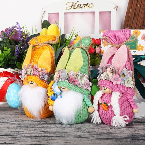 Handmade Knitted Easter Bunny Gnomes Plush Decorations Easter Rudolf Doll With Bunny Ears Carrot For Festive Home Table Decor