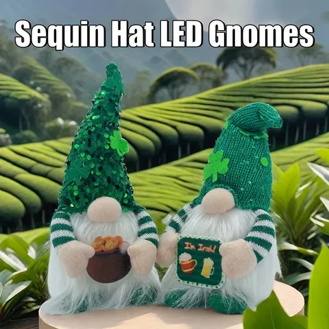St. Patrick's Day Gnoom Pluche Decoraties Groene Pailletten Gebreide Muts Gnoom Met LED Licht Ierse Klaver Feest Decoratie