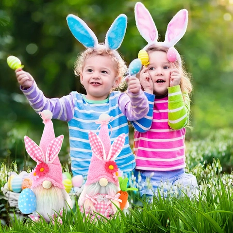 Gnome de Pâques Décorations en Peluche Rose Oreilles de Lapin Plaid Poupée Sans Visage Avec Œuf Carotte pour Maison Fête Table