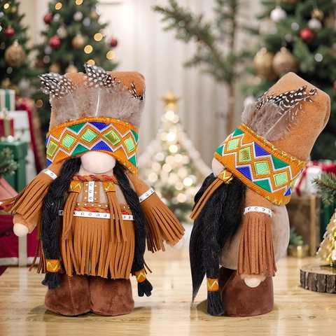 Gnomo Indiano Americano Decorazioni del Ringraziamento Peluche Fatto a Mano Bambola di Gnomo Tribale Con Piume e Nappine per la Casa