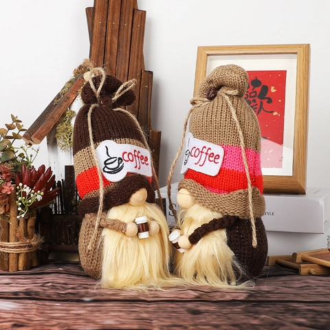 Adorno de Gnomo de Peluche de Punto con Tema de Café Muñeco sin Rostro Rudolph Decoración de Mesa para Hogar Oficina Café Navidad Regalo