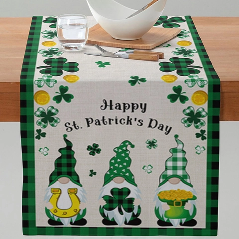St Patrick's Day Tischläufer Kabouter Klaver Gouden Munt Groen Ruit Linnen Textuur Stof Feestelijke Party Home Eettafel Decor