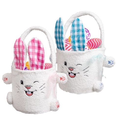 Plüsch Osterhase Korb Mit Karierten Ohren Süßer Bestickter Kaninchen Süßigkeiten Eimer Für Kinder Party Geschenke Aufbewahrungstasche