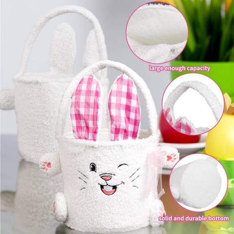Plüsch Osterhase Korb Mit Karierten Ohren Süßer Bestickter Kaninchen Süßigkeiten Eimer Für Kinder Party Geschenke Aufbewahrungstasche