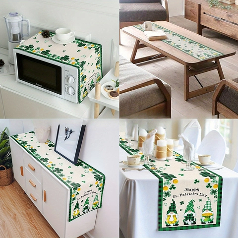 St Patrick's Day Tischläufer Kabouter Klaver Gouden Munt Groen Ruit Linnen Textuur Stof Feestelijke Party Home Eettafel Decor