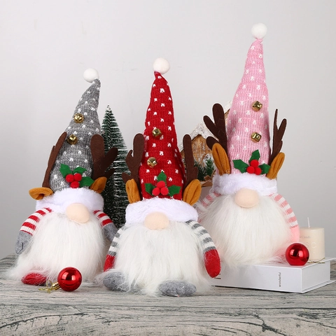 Adorno de Peluche de Gnomo de Navidad con LED Brillante Sombrero de Punto de Asta de Reno Muñeca de Rudolf Decoración