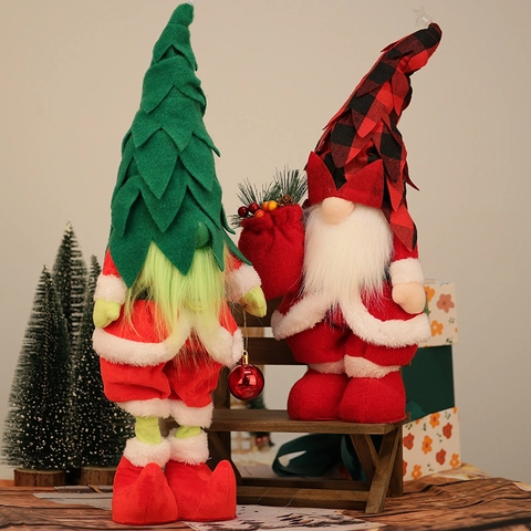 Ornamento Peluche Gnomo di Natale a LED Luminoso Fatto a Mano Cappello Albero Quadri Rosso Verde Bambola Senza Volto Arredo Casa
