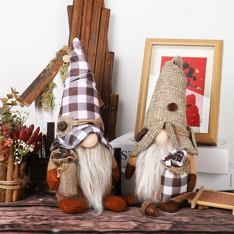 Handgefertigte Kaffee Zwerg Plüsch Gesichtsloser Rudolph Ornament Mit Karomuster Hut Und Kaffeebohnen Dekorationen Für Home Küche