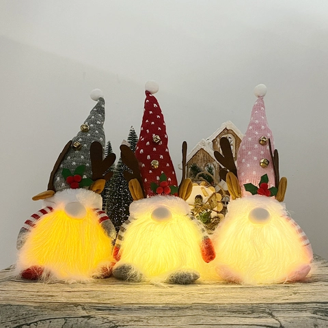Adorno de Peluche de Gnomo de Navidad con LED Brillante Sombrero de Punto de Asta de Reno Muñeca de Rudolf Decoración