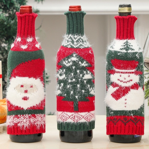 Christmas Wine Bottle Cover Knit Wool Xmas Decoration Santa Claus Snowman Christmas Tree Bottle Bags Holiday Party Table Decor