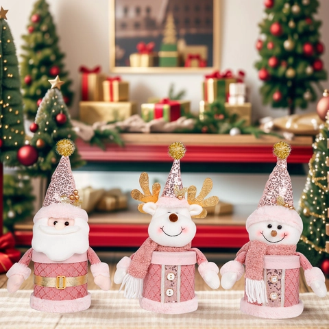 Boîte à Bonbons de Noël en Peluche à Paillettes Roses Forme de Père Noël Bonhomme de Neige Renne pour Décoration de Table