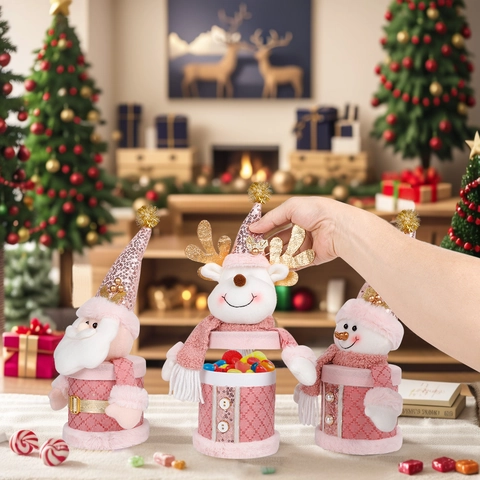 Boîte à Bonbons de Noël en Peluche à Paillettes Roses Forme de Père Noël Bonhomme de Neige Renne pour Décoration de Table