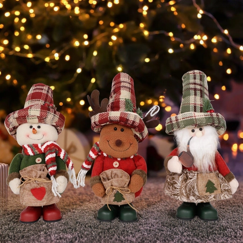 Kerst Staande Gnomes Pluche Pop Ornamenten Kerstman Sneeuwpop Rendier Met Geruite Hoed Jute Tas Voor Kerst Thuisfeest Decoratie