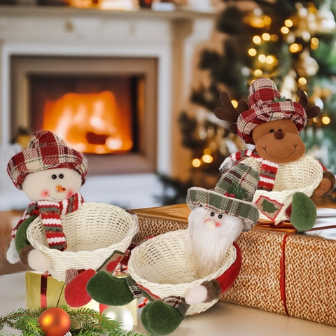Weihnachts Süßigkeitenkorb Plüsch Weihnachtsmann Schneemann Rentier Geflochtener Bambus Aufbewahrungskorb Weihnachts Tisch Deko Geschenk