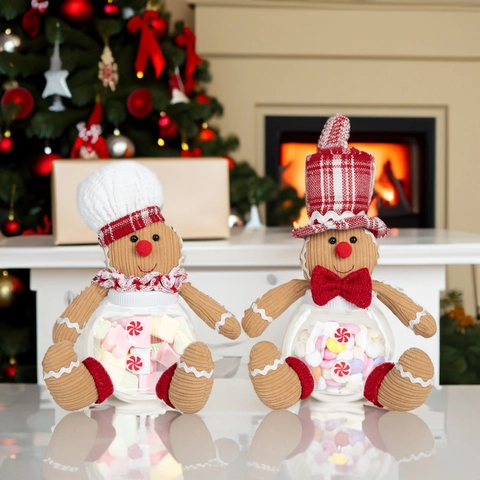 Christmas Gingerbread Man Sitting Plush Doll Candy Jar Cartoon Cookie Man Decorative Storage Box For Holiday Party Gift
