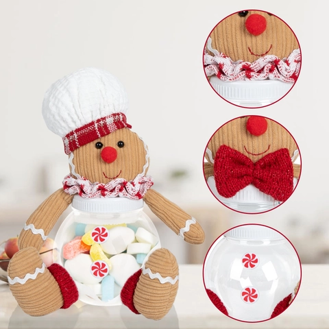 Christmas Gingerbread Man Sitting Plush Doll Candy Jar Cartoon Cookie Man Decorative Storage Box For Holiday Party Gift