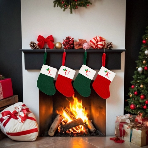 Chaussettes de Noël Broderie Lettre Initiale Tricot à Torsades Chaussettes Suspendues Décoration de Fête Sac Cadeau Noël