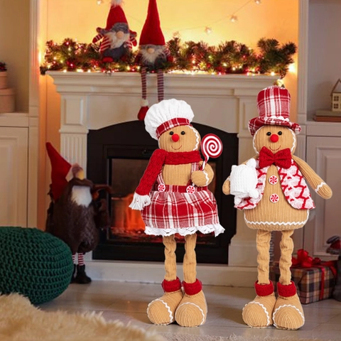 Bambola di Peluche Omino di Pan di Zenzero Natalizio Gambe Telescopiche Cappello da Chef Ornamento Decorazione Finestra Casa Figura