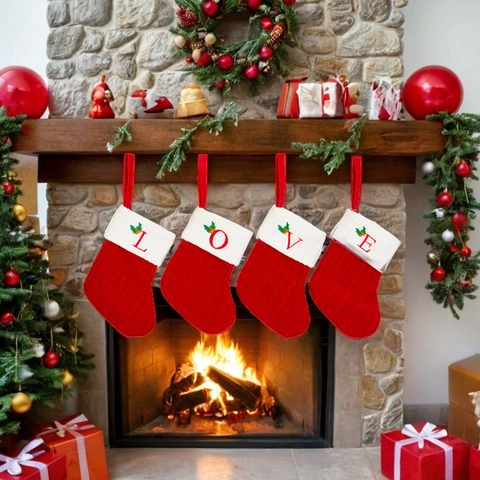 Chaussettes de Noël Broderie Lettre Initiale Tricot à Torsades Chaussettes Suspendues Décoration de Fête Sac Cadeau Noël