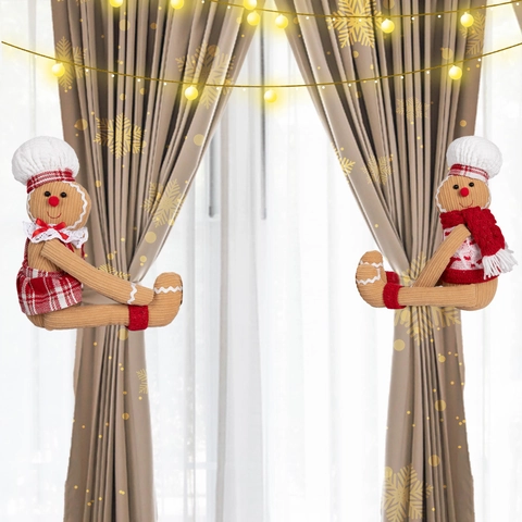 Christmas Gingerbread Man Curtain Buckle Holders Cartoon Plush Doll Chef Style Window Tiebacks For Festive Home Decoration