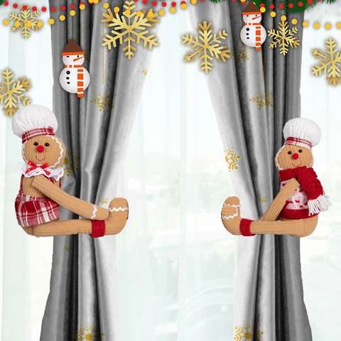 Christmas Gingerbread Man Curtain Buckle Holders Cartoon Plush Doll Chef Style Window Tiebacks For Festive Home Decoration