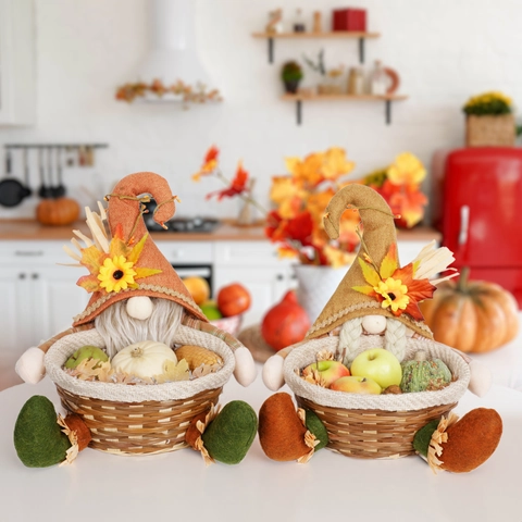 Thanksgiving Gnome Basket Decor With Sunflower Maple Leaf Harvest Festival Autumn Desktop Storage Basket For Candy Home Decoration
