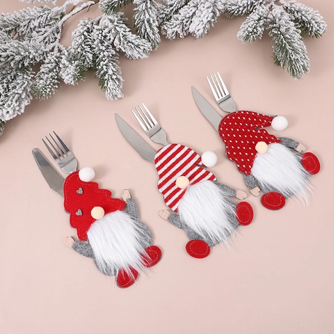 Porta Cubiertos De Gnomo De Navidad Fieltro Tejido Tomte Sin Rostro Bolsa Cubiertos Corazón Rayas Lunares Decoración Mesa Cena