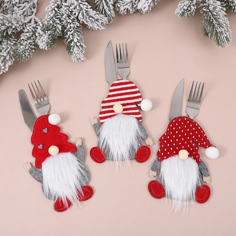 Porta Cubiertos De Gnomo De Navidad Fieltro Tejido Tomte Sin Rostro Bolsa Cubiertos Corazón Rayas Lunares Decoración Mesa Cena