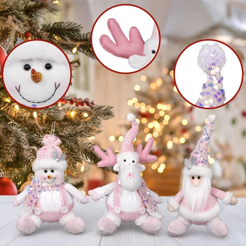 Pink Sequin Christmas Plush Doll Ornaments Cute Snowman Reindeer Santa Claus Gnome For Holiday Home Window Display Decor