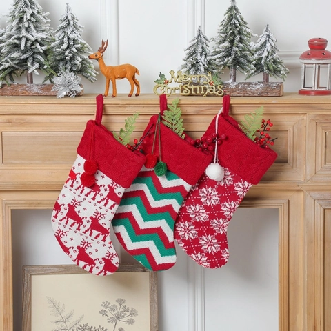 Knitted Christmas Stocking Acrylic Gift Bag Reindeer Snowflake Pattern Holiday Home Decor Hanging Pompom Decoration