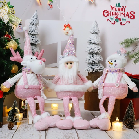 Roze Kerst Pluche Pop Ornamenten Pailletten Lange Benen Kerstman Sneeuwpop Rendier Beeldje Voor Xmas Party Home Decor