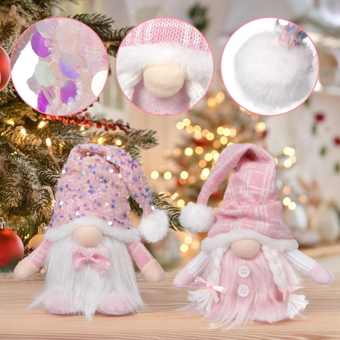 Beleuchtete Weihnachten Rosa Gnom Plüsch Dekoration Mit Pailletten Kariertem Hut LED Xmas Gonk Ornamente Für Home Party