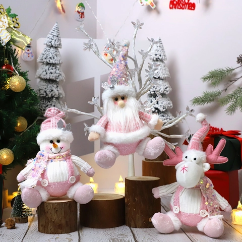 Pink Sequin Christmas Plush Doll Ornaments Cute Snowman Reindeer Santa Claus Gnome For Holiday Home Window Display Decor