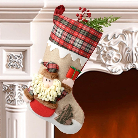 Karierter Weihnachtssocken Mit Weihnachtsmann Schneemann Rentier Applikation Kamin Dekor Große Feiertag Geschenktüte Hängende Dekoration