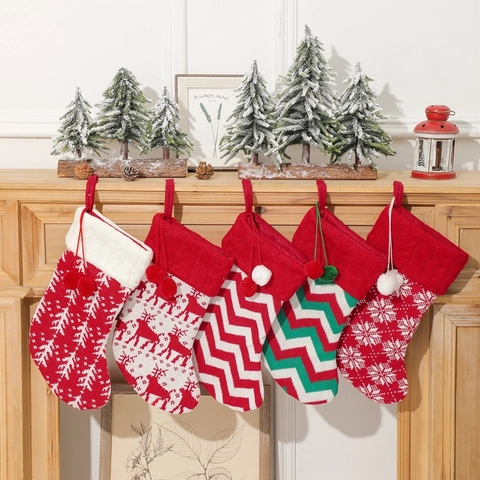 Knitted Christmas Stocking Acrylic Gift Bag Reindeer Snowflake Pattern Holiday Home Decor Hanging Pompom Decoration