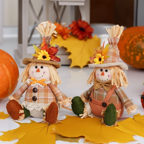 Adorno de Espantapájaros de Acción de Gracias Decoración de Hojas de Membrillo y Girasol de Otoño Muñeco de Peluche Estilo Americano para Hogar