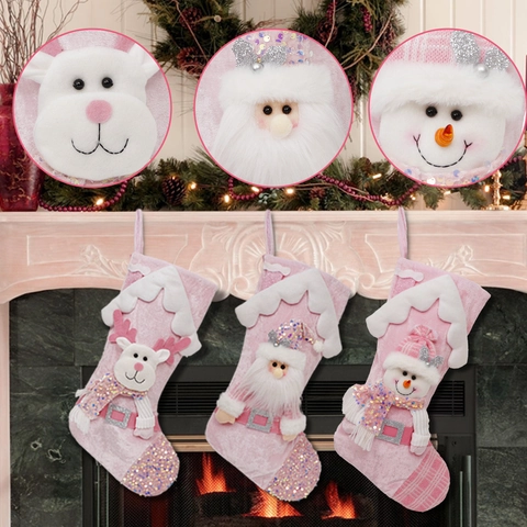Calcetines de Navidad Rosas con Lentejuelas Grande Peluche Papá Noel Muñeco de Nieve Reno Bolsa de Regalo para Navidad