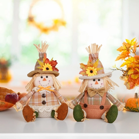 Adorno de Espantapájaros de Acción de Gracias Decoración de Hojas de Membrillo y Girasol de Otoño Muñeco de Peluche Estilo Americano para Hogar