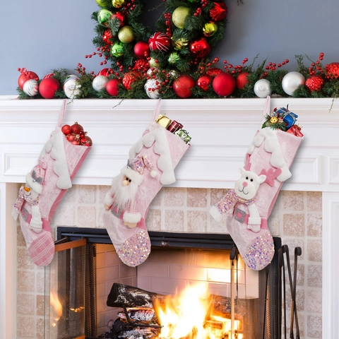 Calcetines de Navidad Rosas con Lentejuelas Grande Peluche Papá Noel Muñeco de Nieve Reno Bolsa de Regalo para Navidad