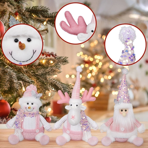 Pink Sequin Christmas Plush Doll Sitting Santa Claus Snowman Reindeer Knitted Cloth Holiday Window Display Ornament Decor