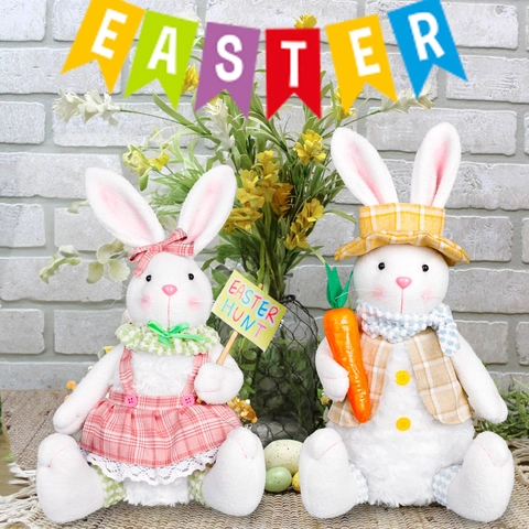 Muñeco de Peluche de Conejo de Pascua Figura de Conejo Luminoso Con Traje de Cuadros Zanahoria Decoración de Fiesta