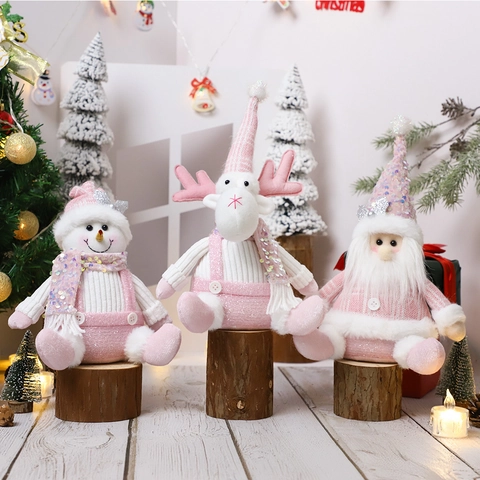 Roze Pailletten Kerst Pluche Pop Zittende Kerstman Sneeuwpop Rendier Gebreide Stof Vakantie Venster Display Ornament Decor