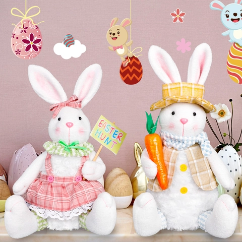 Muñeco de Peluche de Conejo de Pascua Figura de Conejo Luminoso Con Traje de Cuadros Zanahoria Decoración de Fiesta