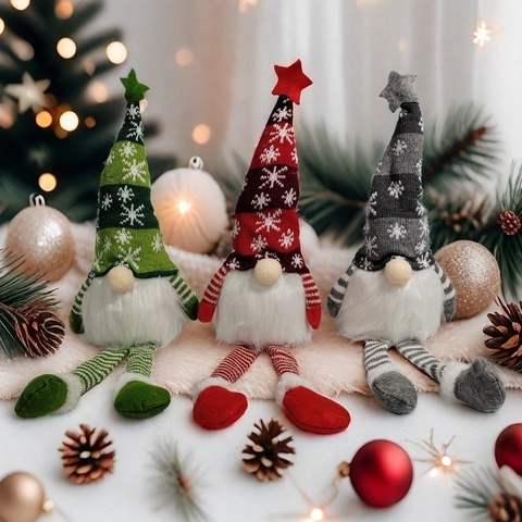 Handmade Christmas Gnome Plush Ornaments Swedish Tomte With Long Striped Legs Star Snowflake Hat Festive Home Desktop Decorations