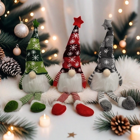 Handmade Christmas Gnome Plush Ornaments Swedish Tomte With Long Striped Legs Star Snowflake Hat Festive Home Desktop Decorations