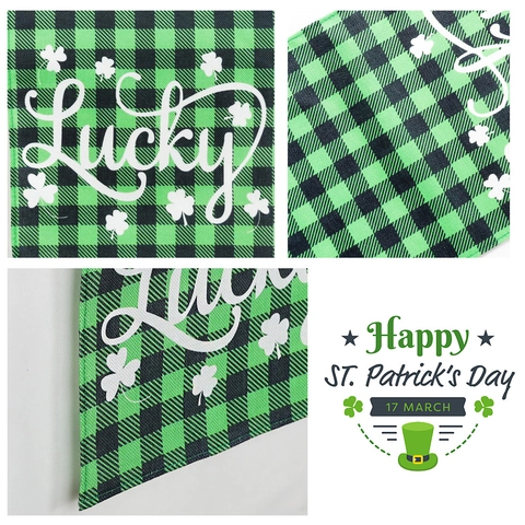 St Patrick's Day Table Runner Green Black Buffalo Plaid Shamrock Lucky Pattern Polyester Table Cloth For Party Decoration