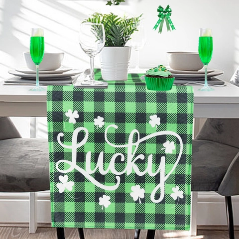 St Patrick's Day Table Runner Green Black Buffalo Plaid Shamrock Lucky Pattern Polyester Table Cloth For Party Decoration
